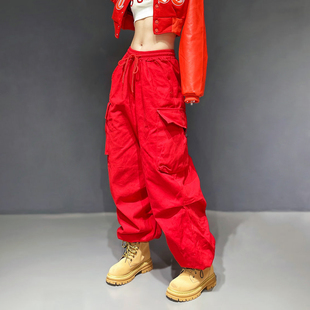 美式工装裤女爵士跳舞jazz裤子宽松时尚hiphop街舞潮牌运动裤红色