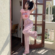 韩版甜欲套装女夏季短款字母印花短袖T恤女+粉色阔腿牛仔裤两件套