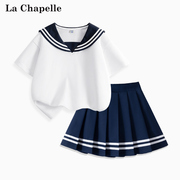 拉夏贝尔儿童短袖t恤女童夏装学院风白色上衣女大童夏季短裙套装