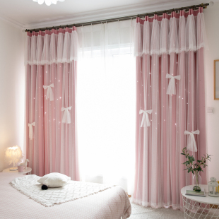 粉色镂空星星网红梦幻，蕾丝公主风窗帘双层全遮光儿童女孩卧室少女