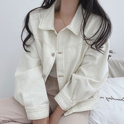 韩国chic秋季复古气质翻领明线，设计宽松百搭单排扣长袖牛仔外套女