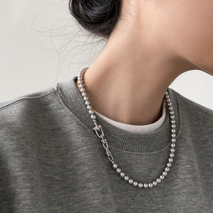 doudoustore超酷休闲清冷好品质，灰色珍珠链条拼接项链女小众个性