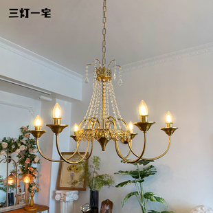 三灯一宅铜色美式蜡烛水晶灯，现代法式卧室，衣帽间餐厅儿童房吊灯