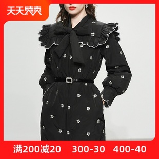 冬季2023女装黑色修身中长款白鸭绒(白鸭绒，)羽绒服加厚绣花灯笼袖