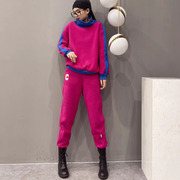 玫红色休闲运动套装女装2023冬季韩版时尚宽松加绒加厚撞色两件套