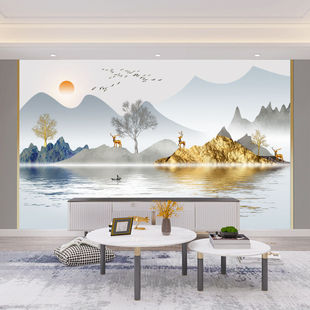 新中式电视背景墙壁纸简约大气水墨山水画定制壁画客厅墙布背景墙