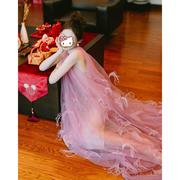 新中式晨袍新娘女结婚敬酒服订婚礼服，粉色奢华羽毛光泽睡袍连衣裙