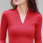秋款中国红罗纹弹力棉女t恤长袖v领打底衫女洋气百搭外穿修身上衣