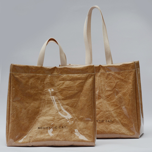 原创复古牛皮纸pvc透明防水单肩包韩国ins字母手提女包简约购物袋