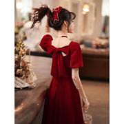 在逃公主敬酒服新娘酒红色平时可穿缎面高级感2022订婚连衣裙