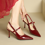 红色细跟高跟鞋女法式气质凉鞋女夏2024凉鞋，尖头时装女鞋