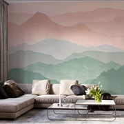中式手绘简约水彩色壁纸客厅电视背景墙定制壁画卧室山水3d墙布