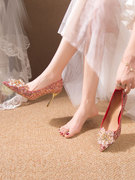 法式水晶婚鞋禾秀婚纱两穿红色新娘礼服小众高级感订婚高跟婚宴鞋