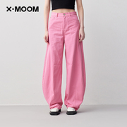 商场同款x--moom2023秋季玫，红色高腰宽松香蕉形休闲裤女