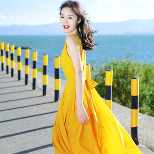 2023夏季女装海边度假沙滩，裙黄色复古雪纺连衣裙波西米亚长裙