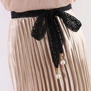 时尚蕾丝腰带女装饰镂空花边珍珠，黑色系带配裙子细窄长条丝带飘带