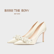 SUNI 法式米白色高跟鞋花朵婚鞋女细跟伴娘主婚纱结婚新娘鞋单鞋