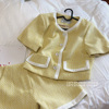名媛小香风休闲套装女法式设计感黄色短袖，外套高腰短裤两件套潮
