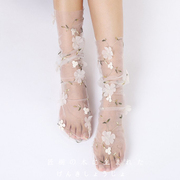 匠树家！玻璃丝水晶袜女短袜设计感白色中筒蕾丝小腿袜透明袜子女