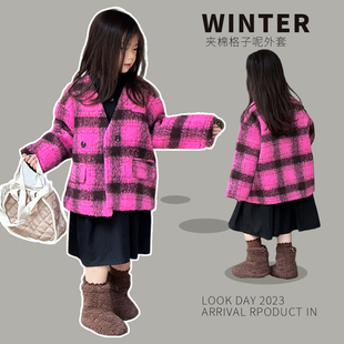 韩版儿童复古格子呢大衣，2023冬装宝宝加棉洋气女童，加厚时尚呢外套