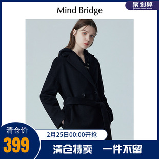 mindbridge女士，中长款羊毛大衣，冬季黑色双面呢子外套