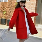 女童红色双面羊绒呢大衣外套韩版秋冬加厚洋气小女孩中长款上衣