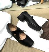 2023春秋猪鼻子鞋女复古粗跟绑带单鞋拼色芭蕾舞高跟玛丽珍鞋
