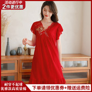 高贵红色睡裙女士夏季中年，妈妈短袖纯棉，宽松大码睡衣莫代尔家居服