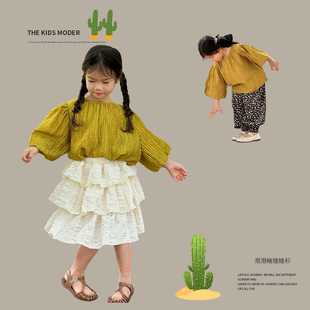 韩版女童复古娃娃衫2024春夏洋气休闲上衣儿童泡泡袖中袖T恤