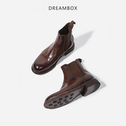dreambox冬季女靴英伦复古胎牛皮切尔西靴真皮，底手工固特异马丁靴