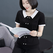 黑色纯棉娃娃领t恤女短袖，设计感夏天宽松显瘦减龄气质上衣