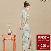 丝绸缎旗袍长款年轻款素雅简约老上海荷花图案中国风传统日常复古