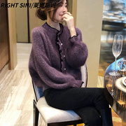 韩版温柔系紫色亮丝羊绒毛衣女，气质宽松灯笼袖，珍珠扣开衫羊毛外套