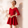 红色小礼服裙小红裙2022短款伴娘中袖V领收腰连衣裙女