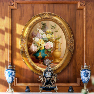 欧式古典花卉风景美式油画椭圆形壁画餐厅，卧室玄关装饰画手绘挂画