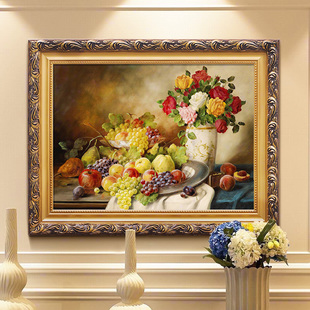 纯手绘静物油画欧式餐厅装饰画沙发背景墙画美式客厅有框壁画水果