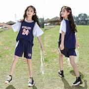 儿童篮球服套装女童大童小学生速干训练服短袖女生假两件运动球衣