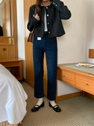 复古深蓝色牛仔裤女2024春秋季口袋设计感高腰显瘦直筒烟管裤