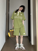 绿色休闲运动套装女夏学生宽松韩版polo衫短袖短裤美式复古两件套