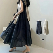 韩国女装2023沙滩裙雪纺拼接套头纯色长裙无袖圆领连衣裙