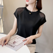 冰丝短袖T恤女2023夏季韩版宽松圆领洋气黑色镂空薄款针织衫上衣