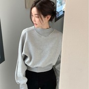 韩国chic秋冬设计感蝙蝠袖，小个子半高领，短款卫衣休闲宽松显瘦上衣
