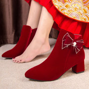冬季婚鞋女2023粗跟结婚新娘鞋，靴子中式秀禾服红色高跟鞋短靴