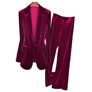 酒红色复古丝绒西装外套女高端职业装大牌气质金丝绒西服年会套装