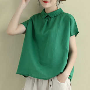 高端苎麻亚麻棉麻韩版衬衫女夏薄款宽松短袖白色绿色娃娃衫上衣女