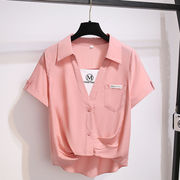 薄款假两件衬衫女夏季韩版抽褶修身小众，纯色字母v领短袖上衣