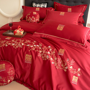 恒洽家纺浪漫婚庆，全棉床单四件套100支大红刺绣，婚嫁被套床上用品