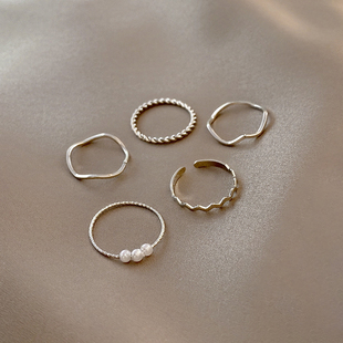 小众设计素圈珍珠叠戴情侣戒指ins潮时尚个性五件套简约食指戒