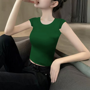 夏季深绿色短袖t恤女设计感小飞袖针织，螺纹坎肩短款露脐紧身上衣