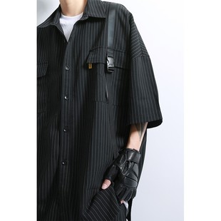 「GRNL」暗黑感机能工装潮牌衬衣男女同款条纹宽松垂感短袖大衬衫